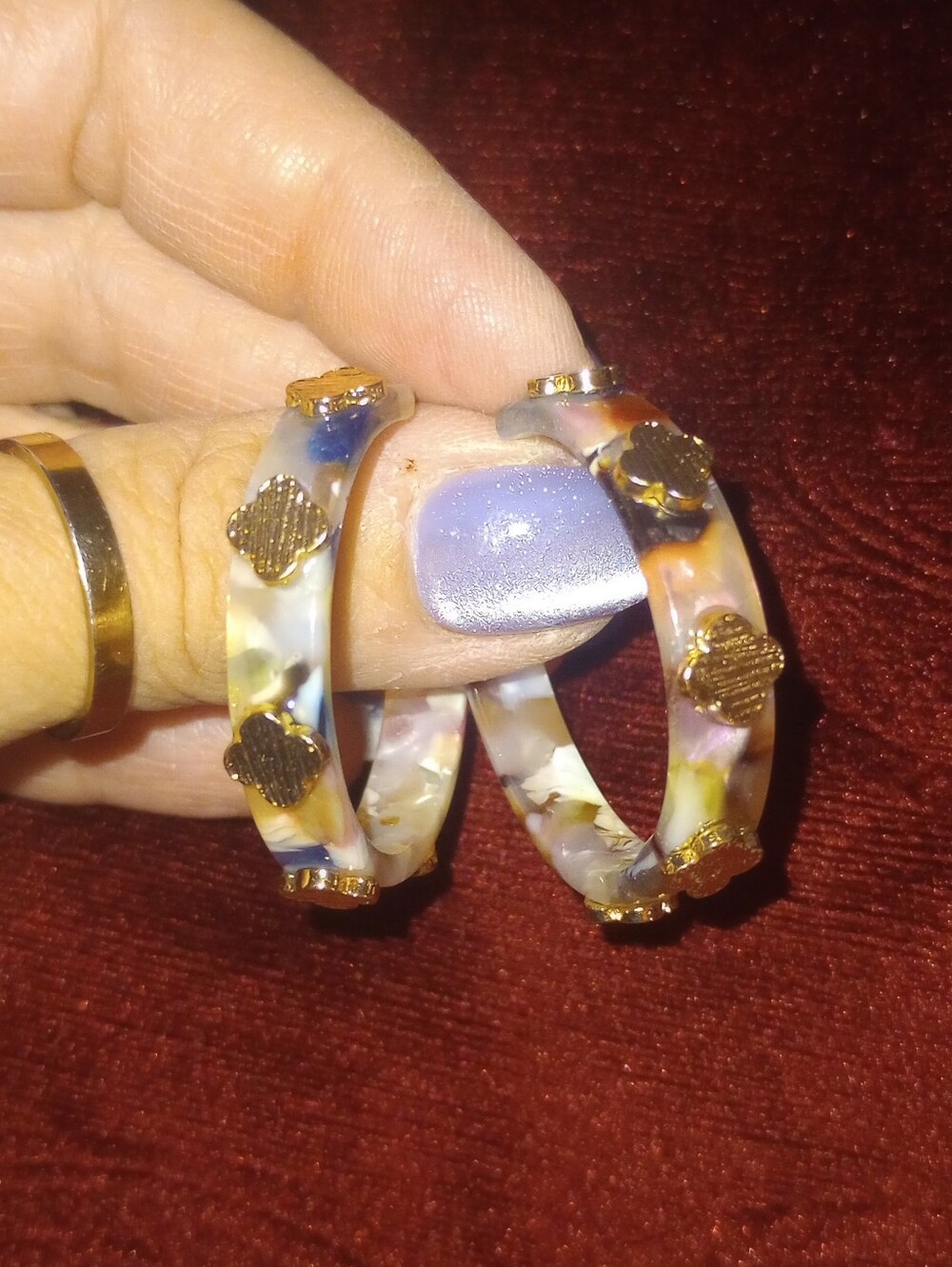 Multi Color Resin Hoop Earrings With Gold Clover Accents
